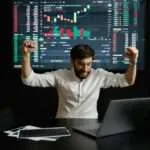 a businessman raising his hands for being successful