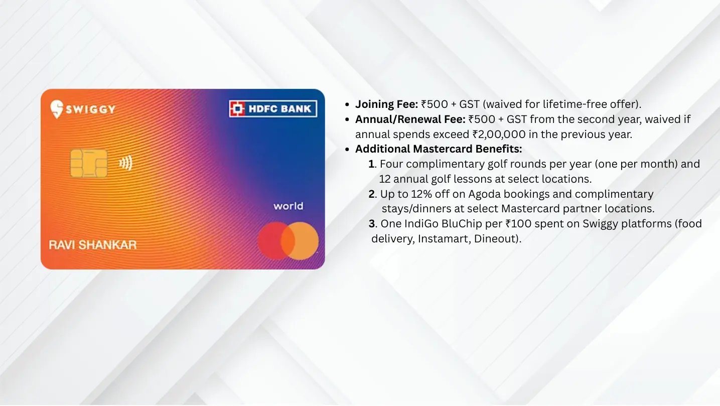 Swiggy HDFC Bank Credit Card: Product Details, Rewards, Benefits, Fees, Pros & Cons The Swiggy HDFC Bank Credit Card, a co-branded offering from HDFC Bank and Swiggy, is tailored for frequent Swiggy users and online shoppers